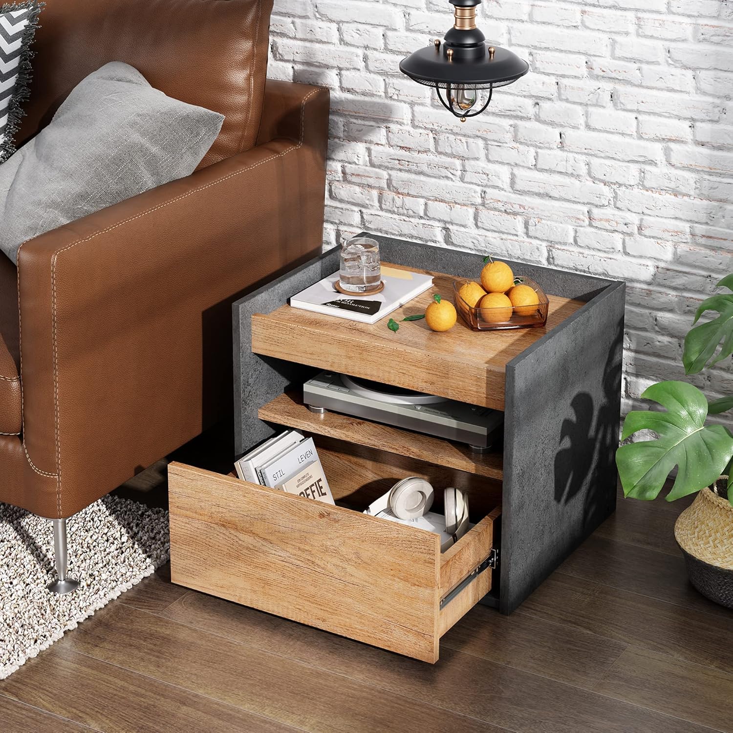 DEVAISE Nightstand, Wood Bedside Table with One Drawer and Storage Shelf, Wooden End Table for Bedroom, Dorm, Accent Easy Assembly Home Furniture, Oak and Dark Grey