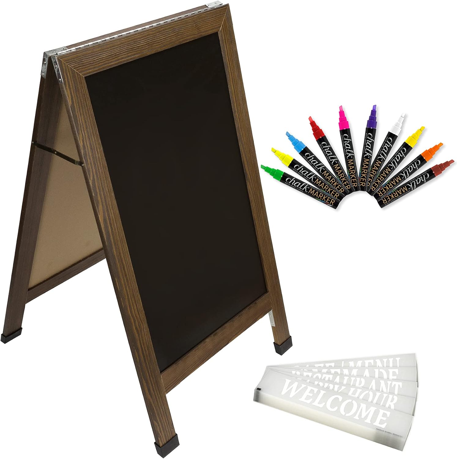 Sandwich Board Sidewalk Chalkboard Sign: REINFORCED, HEAVY-DUTY / 10 CHALK MARKERS / 40 PC. STENCIL SET / CHALK / ERASER / DOUBLE SIDED / LARGE 40x23 Chalk Board Standing Sign A-Frame (Whitewash Grey) Pack of 2