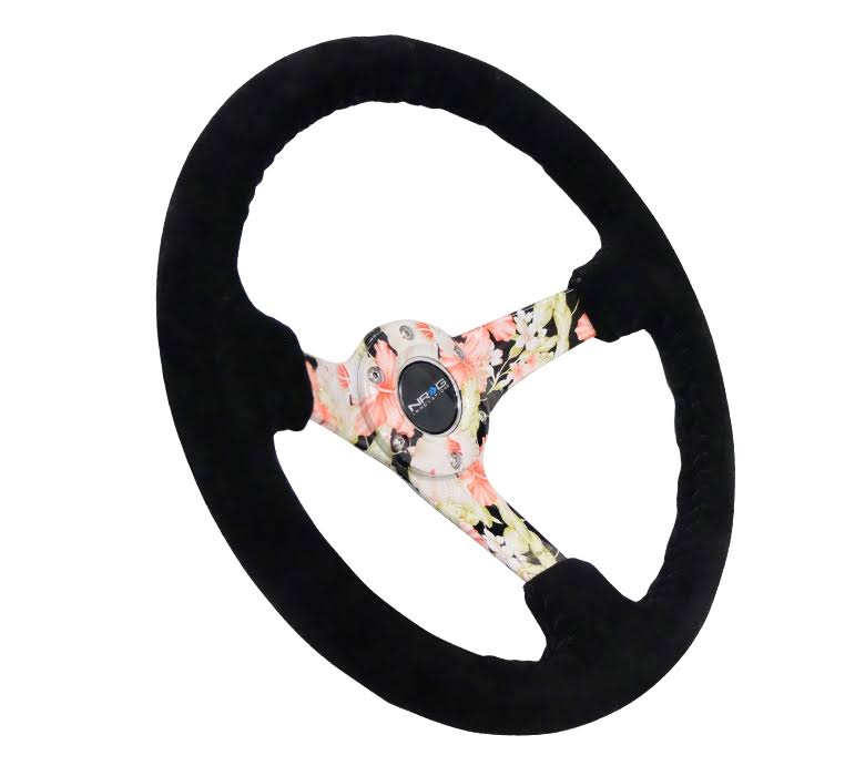 Universal NRG Innovations 350mm Reinforced Black Suede Steering Wheel with Hydro Dipped Tropical Floral Spokes - RST-036FL-S