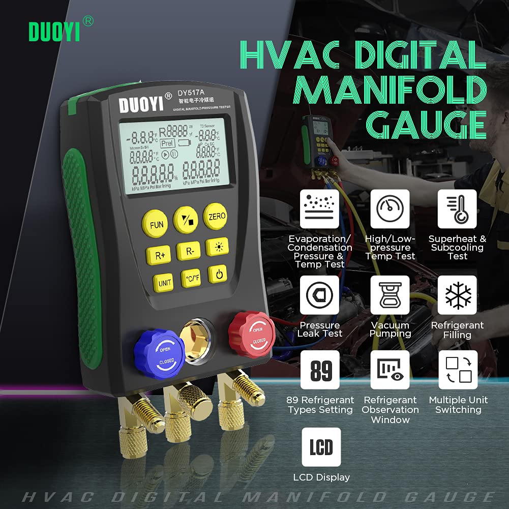 Digital Manifold Gauge Set Pressure&Temp Test HVAC Manifold Pressure Leak Test Digital Refrigerant Gauges Vacuum HVAC Gauges with Refrigerant Hoses&Temperature Clamps&LCD Display for Air Conditioning