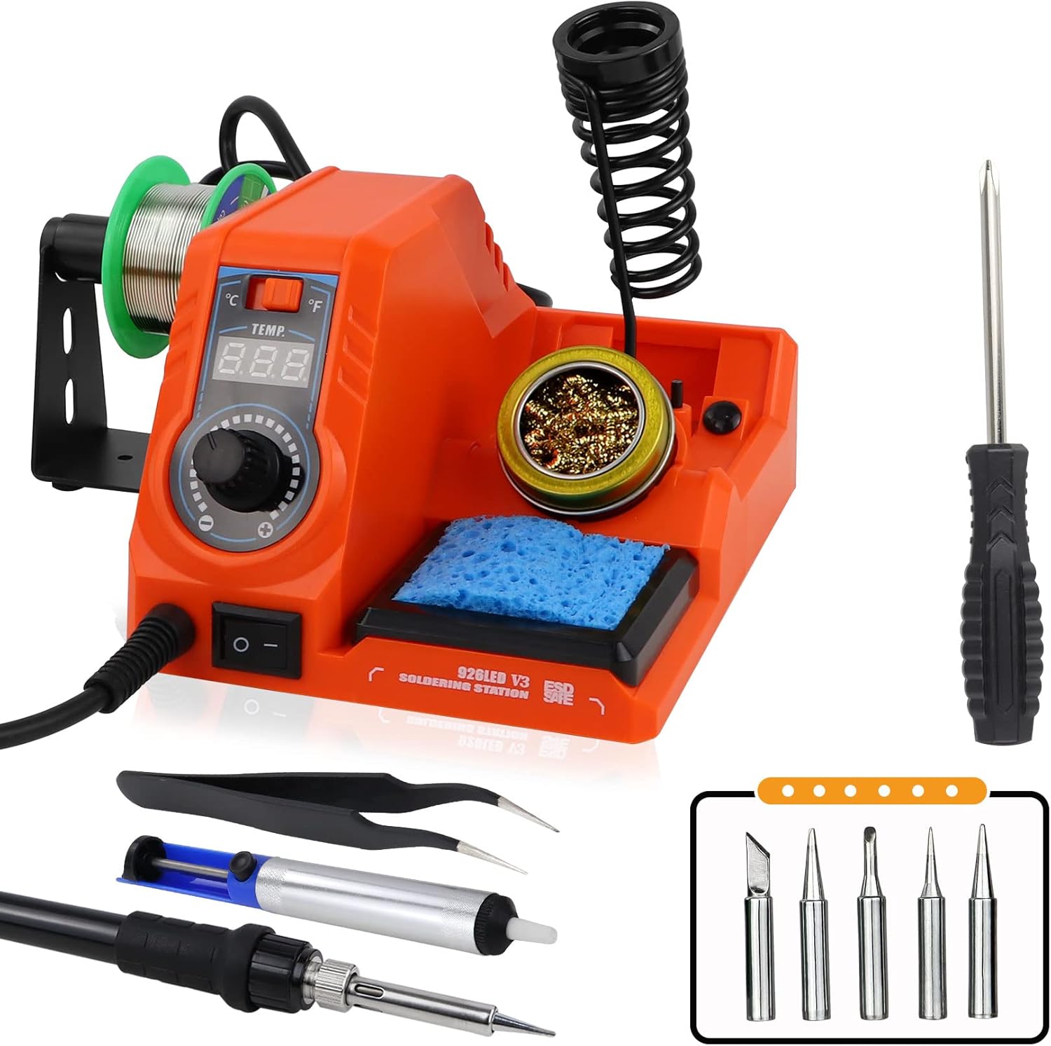 Soldering Station Kit, Sionse Digital Soldering Iron Station (60W) w/ 5 Solder Tips, Solder Bracket, Solder Sucker, Solder Wire, Tip Cleaner | 392-896℉ (℃/℉ Conversion), Auto Sleep, Fast Heating Up