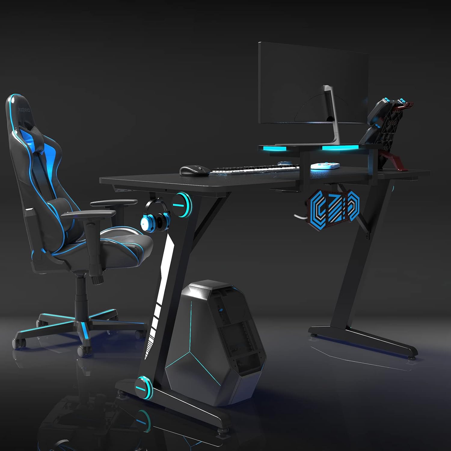 JOY Worker Gaming Desk, 47 Inch RGB LED Light Gaming Computer Desk, Z-Shaped Gamer Desk with Headphone Hook and Cup Holder, Home Office Desk for Game Workstation with Handle Rack, Monitor Stand, Black