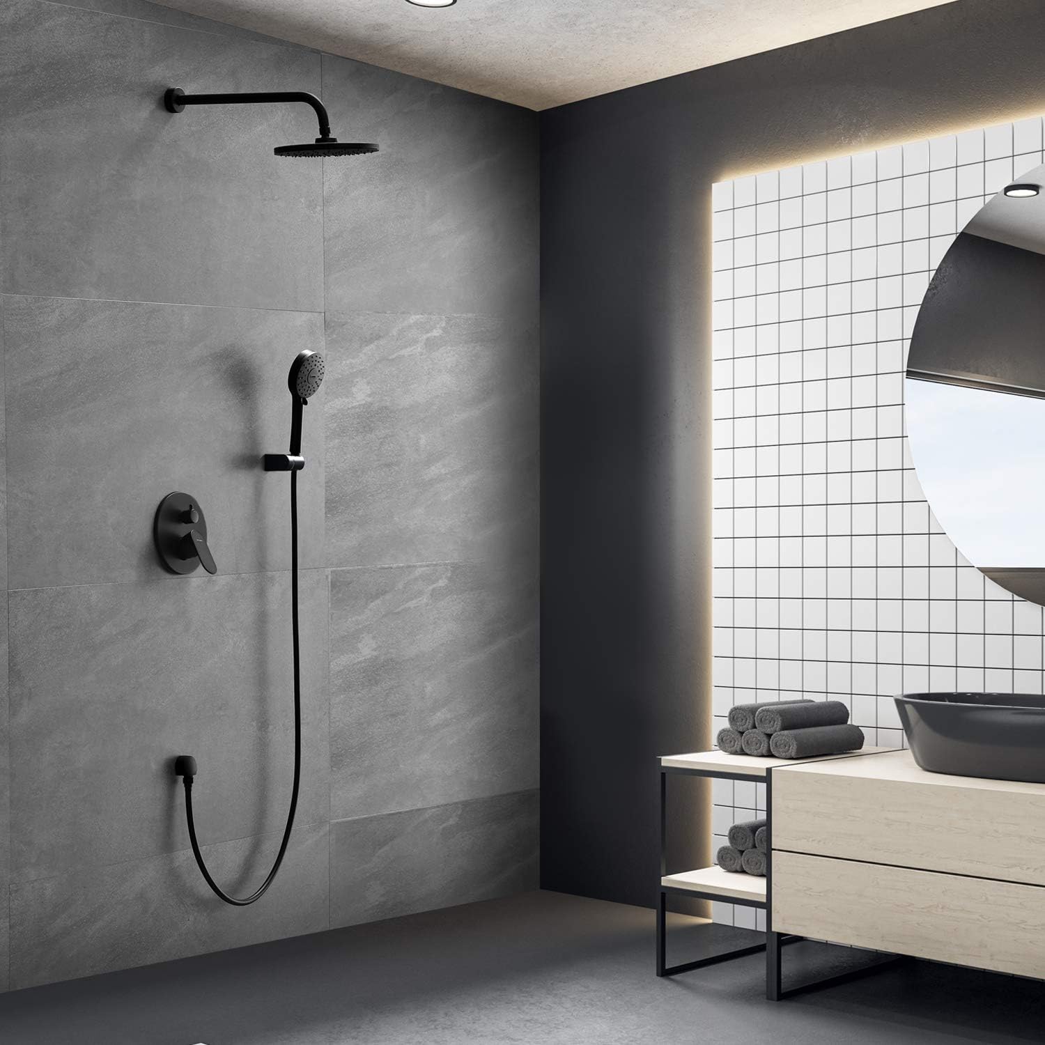 ESNBIA Black Shower System Set, Black Shower Faucet Wall Mounted with 9