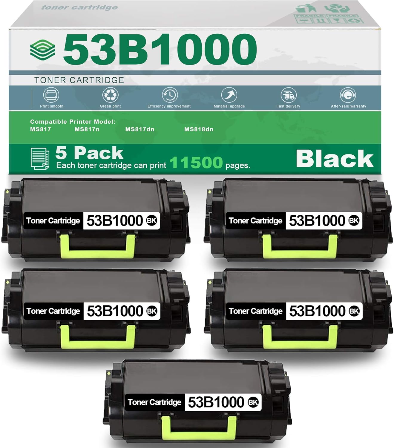 5 Pack Black Compatible 53B1000 High Yield Remanufactured Toner Cartridge Replacement for Lexmark MS817 MS817n MS817dn MS818dn Printer.