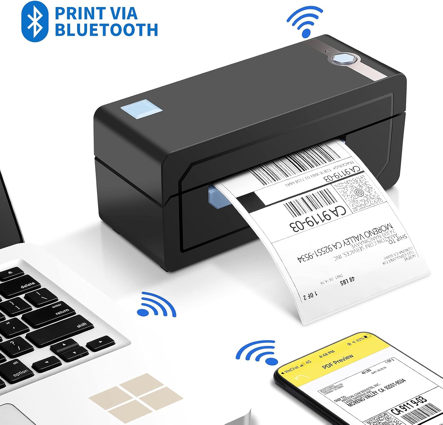 Bluetooth Thermal Label Printer 4x6 - High Speed Shipping Label Printer, Wireless Label Maker Support Windows & Android & iOS, USB for MAC, Suitable for Amazon, Ebay, Etsy, Shopify, USPS Barcode
