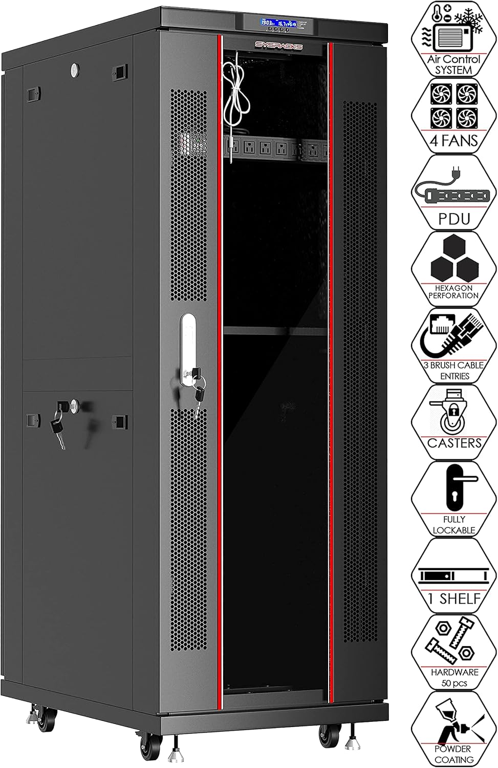 Sysracks Server Rack 42U Network Enclosure 39 inch Deep Data Cabinet on Wheels - Fully Locking Network Rack - Thermostat - LCD Screen - Power Strip