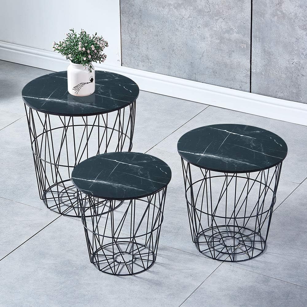 nozama Round Nested Basket Set of 3 Wooden End Storage Basket Table with Lid Accent Side Tables Nested Storage Basket (Black)