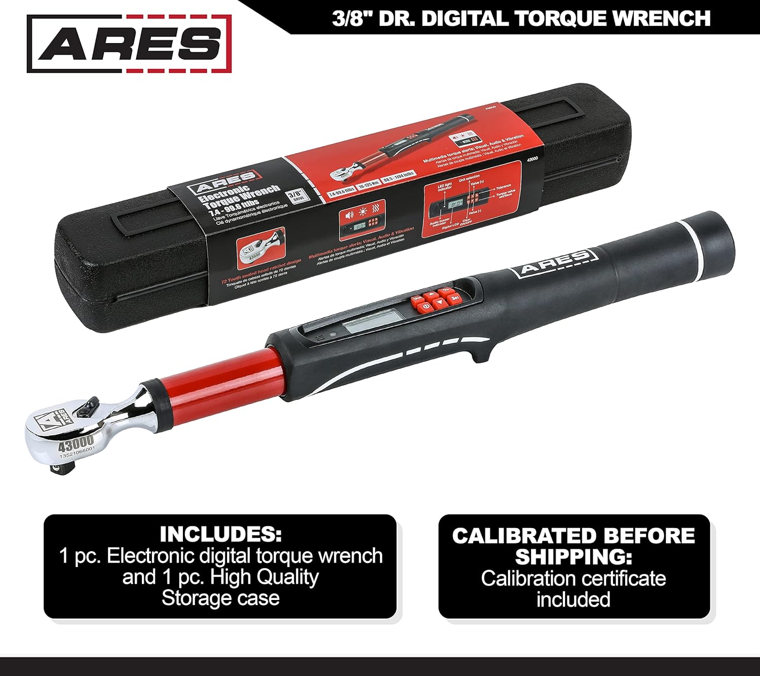 ARES 43000 - 3/8-Inch Drive Electronic Digital Torque Wrench - 7.4-99.6 ft/lbs (10-135Nm) - +/- 2% Accuracy - Reversible Thumb Switch on Sealed Head - Multi-Alert System Prevents Over-Torquing