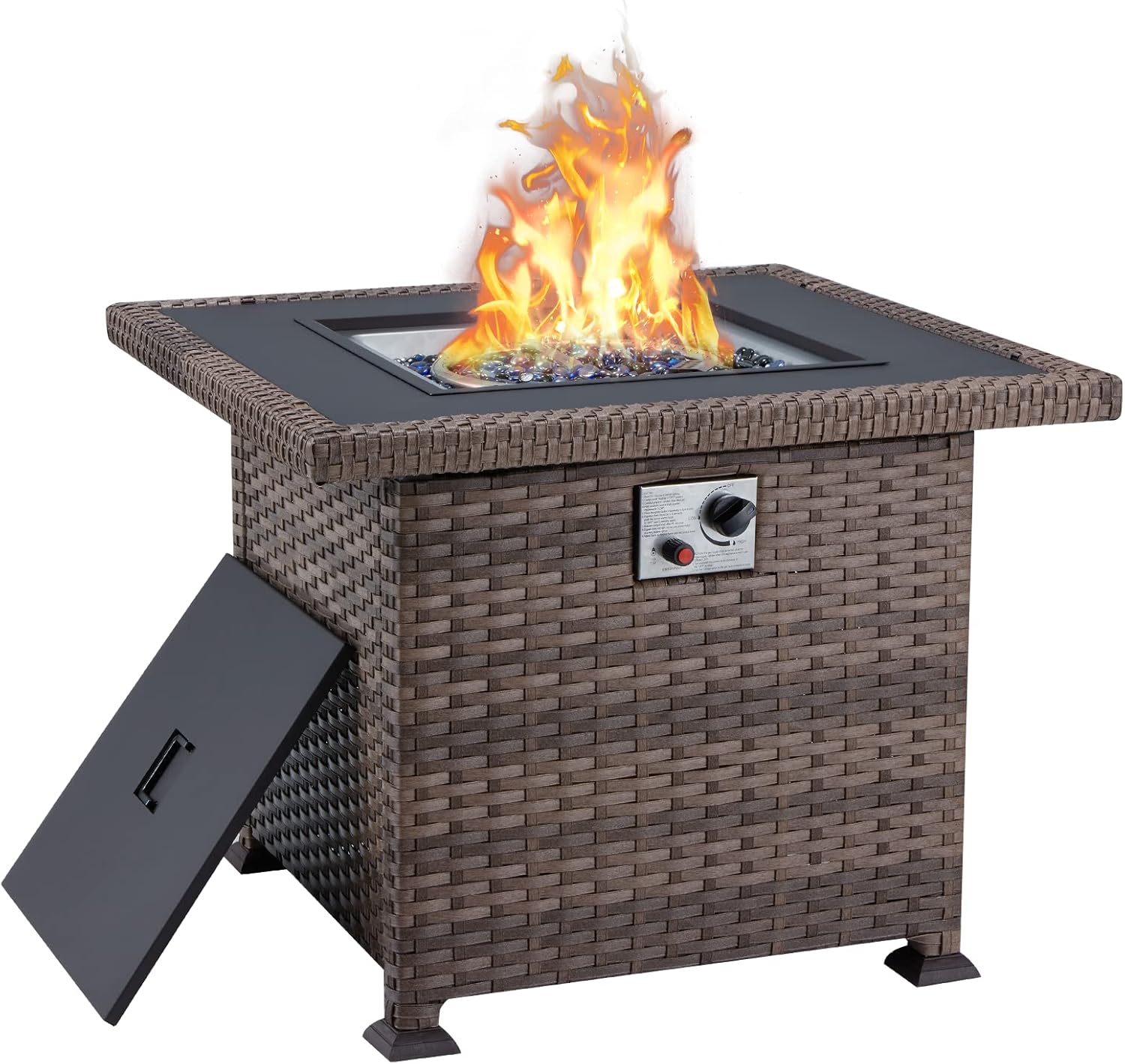 UPHYB 32 Inch Square Propane Fire Pit Table, 50,000 BTU Gas Fire Table for Garden Patio Courtyard Party Outside, Wicker&Rattan, CSA Certification (Black)