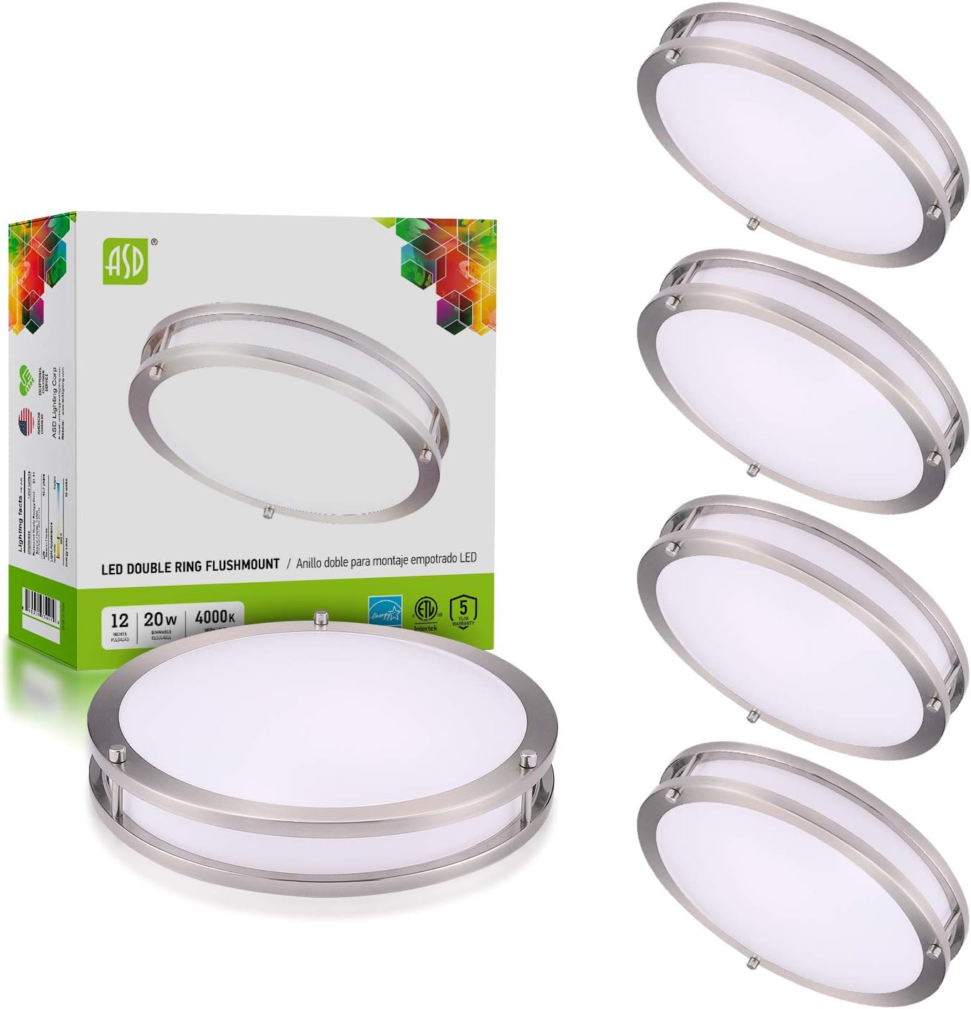 ASD 14 Inch LED Flush Mount Ceiling Light, 21W (170W Equivalent), 1470 Lm, Dimmable Close to Ceiling Light Fixture for Kitchen Hallway Laundry, Brushed Nickel, 3000K, Energy Star, ETL (4 Pack)