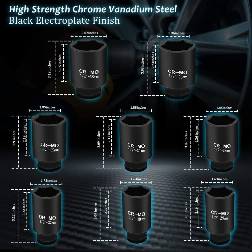 Anbull 1/2 Inch Deep Impact Socket Set, 9PCS Drive Axle Nut Impact Socket Set 29mm 30mm 31mm 32mm 33mm 34mm 35mm 36mm 38mm Hex Socket Set with Heavy Duty Storage Case