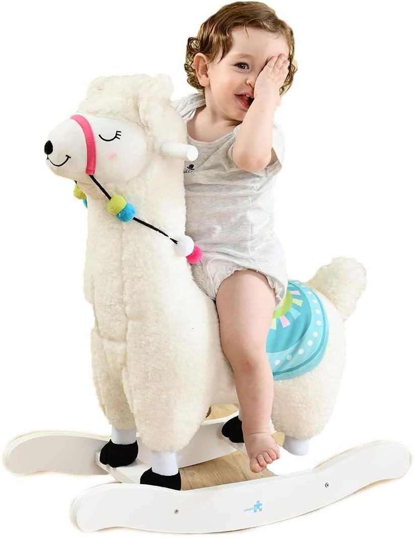 labebe Baby Rocking Horse - White Alpaca Baby Plush Rocker Toys, Plush Wooden Riding Horse for 1-3 Years Boy&Girl, Toddler Outdoor&Indooor Toy Rocker, Plush Animal Rocker, Infant Gift Alpaca