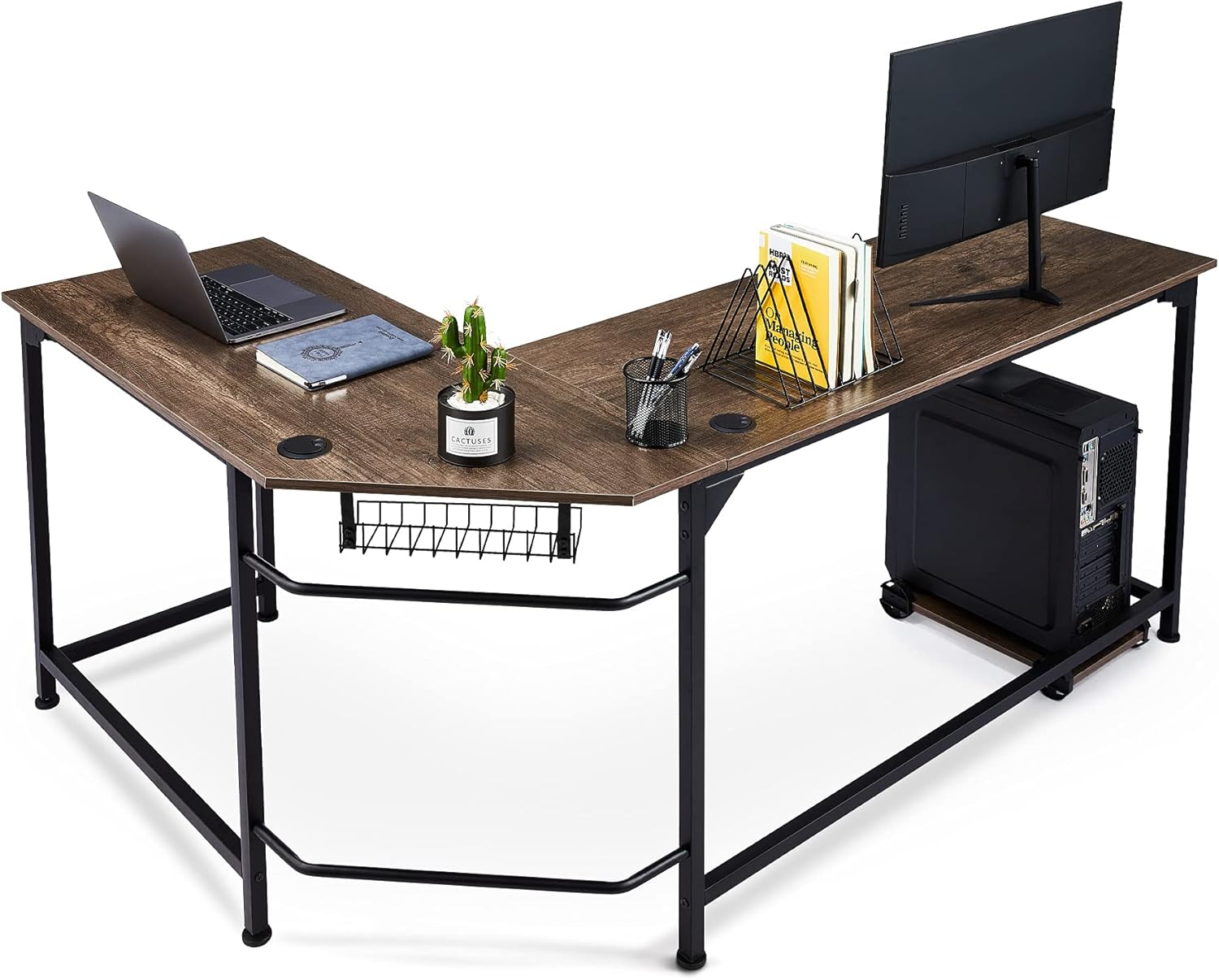 CO-Z L Shaped Computer Desk with Tower Stand, Corner Desk with Cable Management, Space-Saving 66x19 Home Office Desk with Underdesk Cable Tray and Grommets, Simple Modern Gaming Desk, Oak Pack of 2