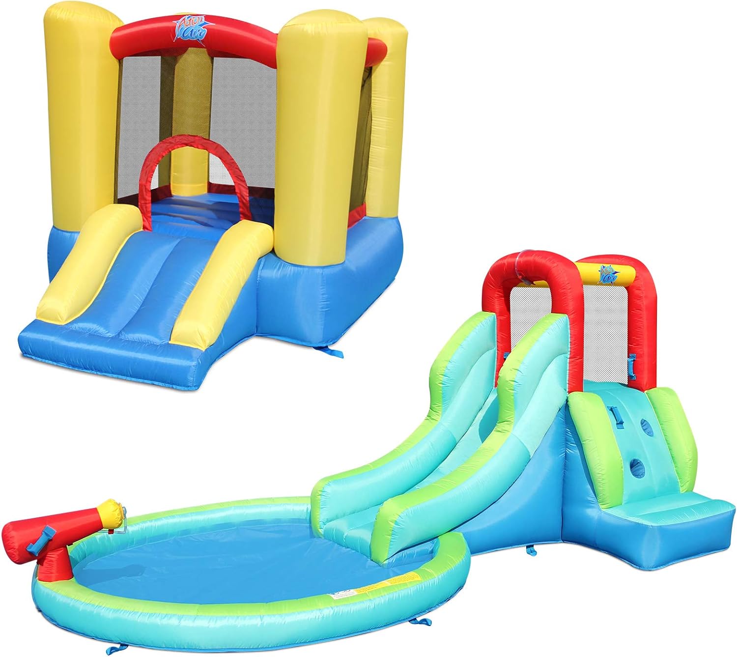 Action air Bounce House, Bouncy House with Waterslide, Gift Combo Package Included Bouncer & Waterslide, 1 Blower for 2 Inflatables, Kids Bounce House for Backyard Fun (S4CP01)
