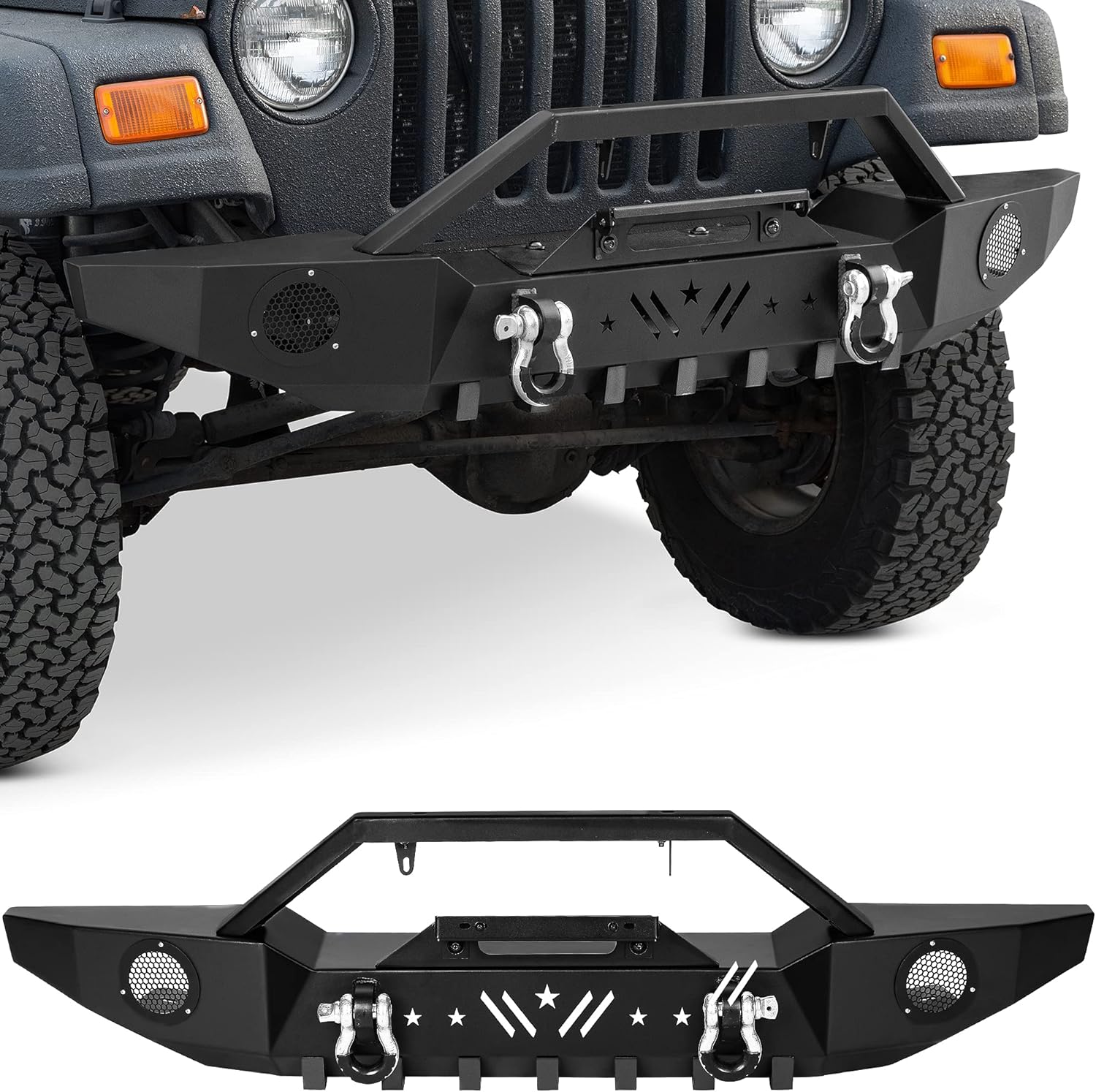 YITAMOTOR Front Bumper Compatible for 1997-2006 Jeep Wrangler TJ, Off Road Rock Crawler Textured Black Bumper with Winch Plate & 2 &times; D-Rings