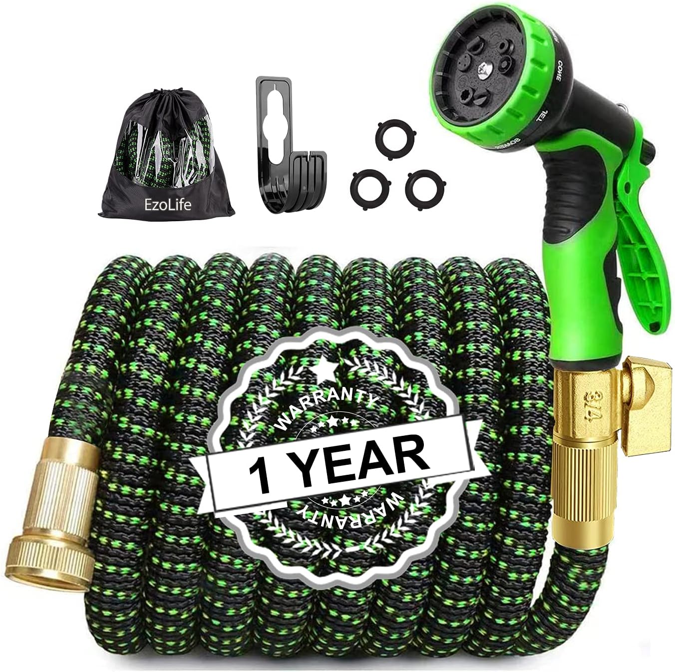 EzoLife 50FT Expandable Garden Hose with 9 Function Spray Nozzle, Extra Strength 3750D Durable Fabric and Double Latex Core Fittings ,Lightweight Water Hose with 3/4