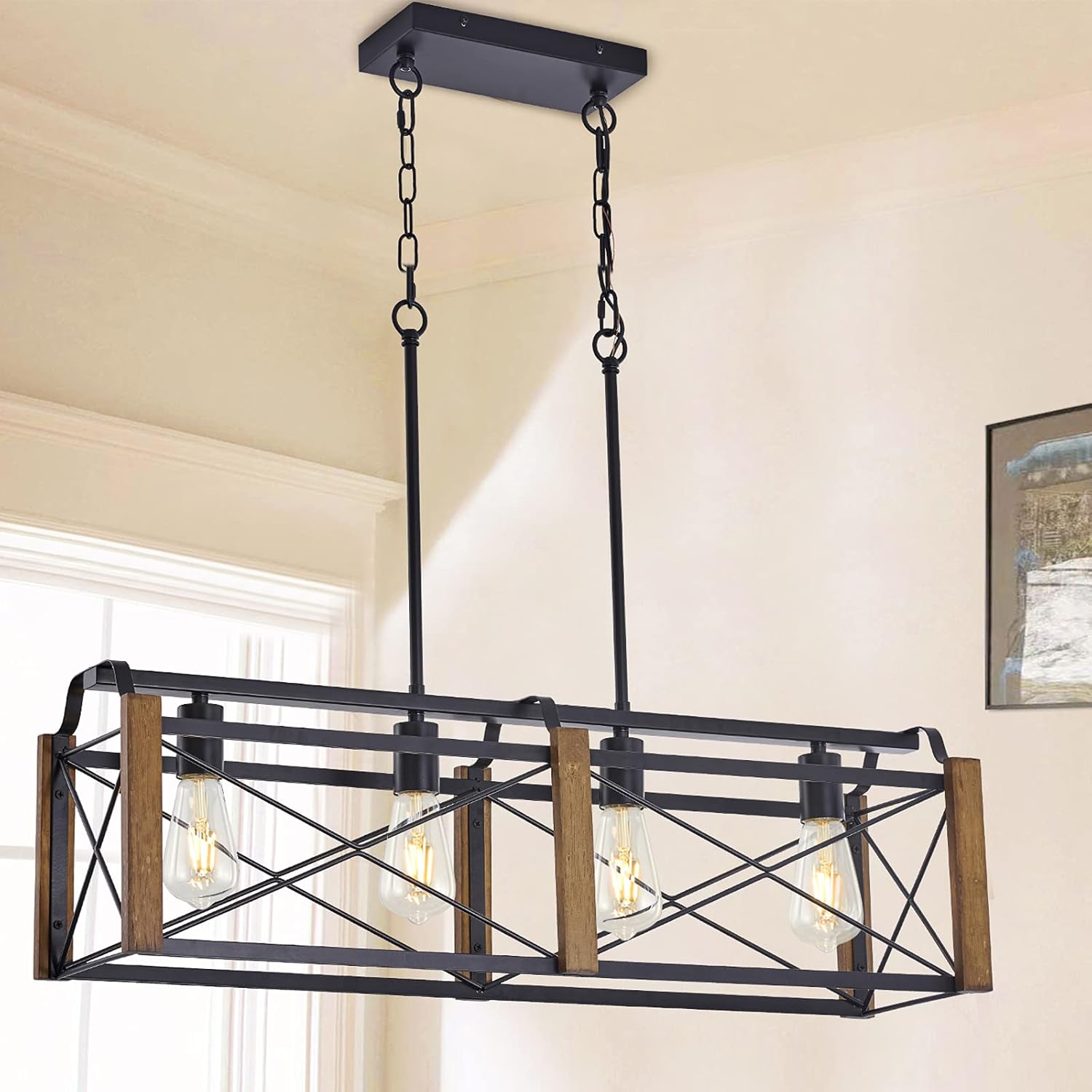 4-Light Dining Room Chandelier Light Fixture, Kitchen Island Light with Wood Accents, Farmhouse Pendant Light for Cafe, Bar, Club and Restaurant