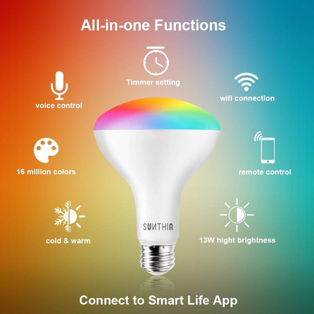 SUNTHIN WiFi BR30 Smart Light Bulb, RGB Color Changing & Dimmable 9W Smart Flood Light Bulb, Compatible with Alexa & Google Assistant(4 Pack) Pack of 2