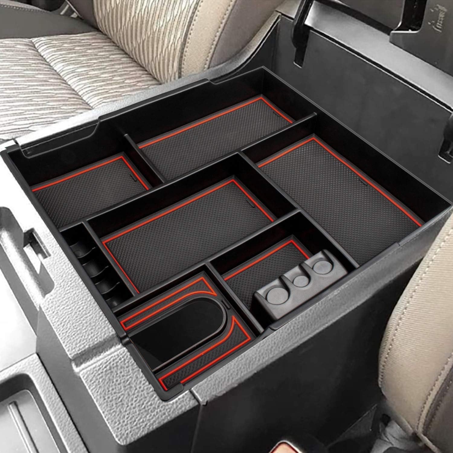 CarQiWireless Center Console Organizer Tray for Toyota Tundra 2014-2019 2020 2021 Tundra Accessories, Armrest Secondary Storage Box with 2 Sets of Liner Mats (Red & Black Trim)- Full Tray