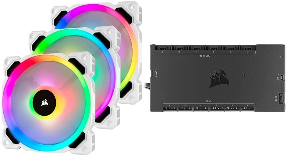 Corsair LL Series, LL120 RGB, 120mm RGB LED Fan, Triple Pack with Lighting Node PRO- White, LL120 RGB White & iCUE Commander CORE XT, Digital Fan Speed and RGB Lighting Controller