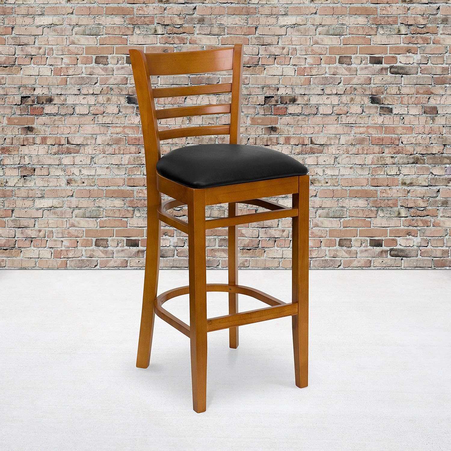 Flash Furniture HERCULES Series Ladder Back Mahogany Wood Restaurant Barstool - Black Vinyl Seat