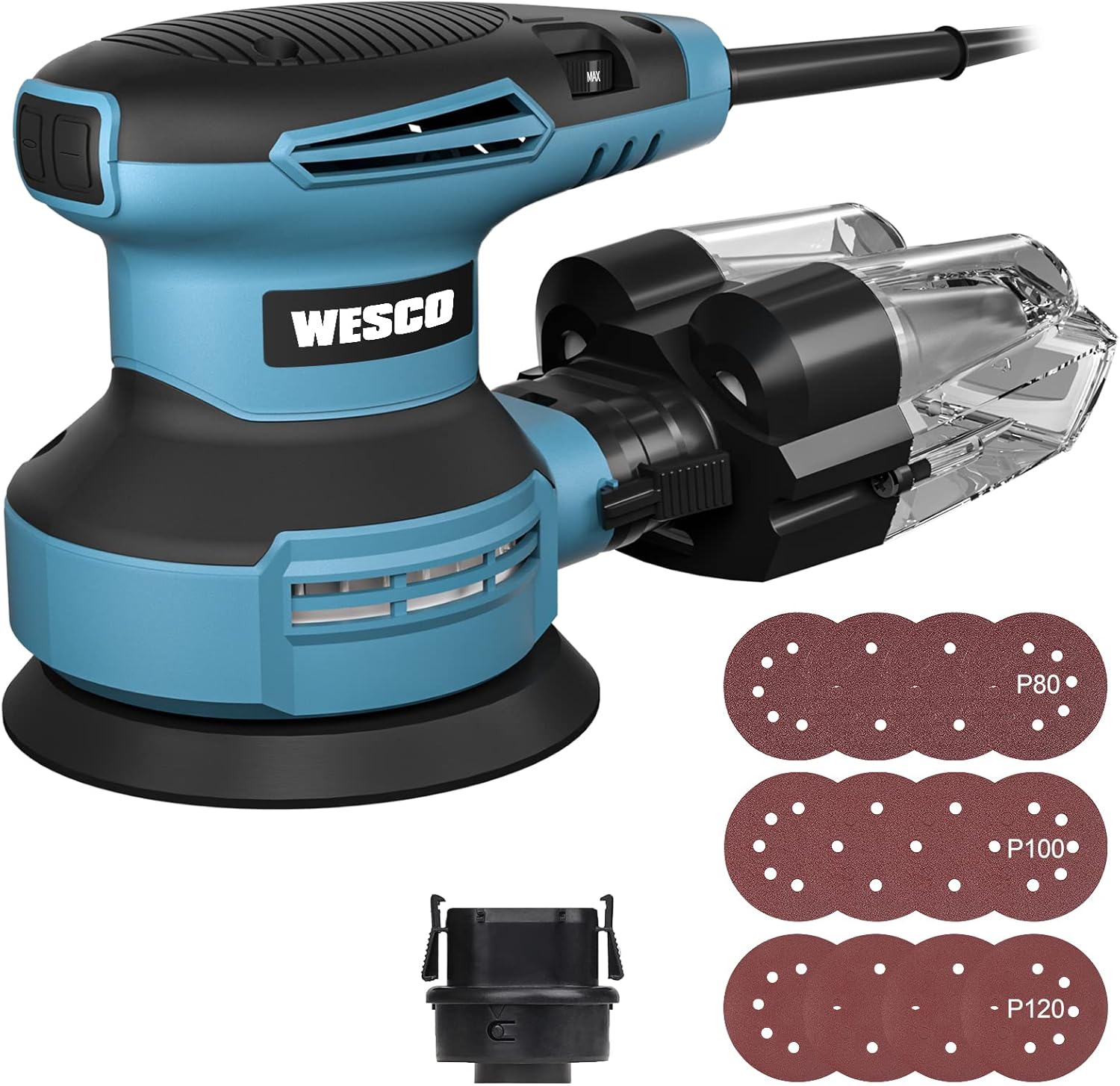 WESCO 5-Inch Random Orbital Sander with 12Pcs Sandpapers, 3.0A(350W) Orbital Sander, 13000 OPM 6 Variable Speeds Electric Sander, Vacuum Adapter, Cyclone Box, Efficient Dust Collection System