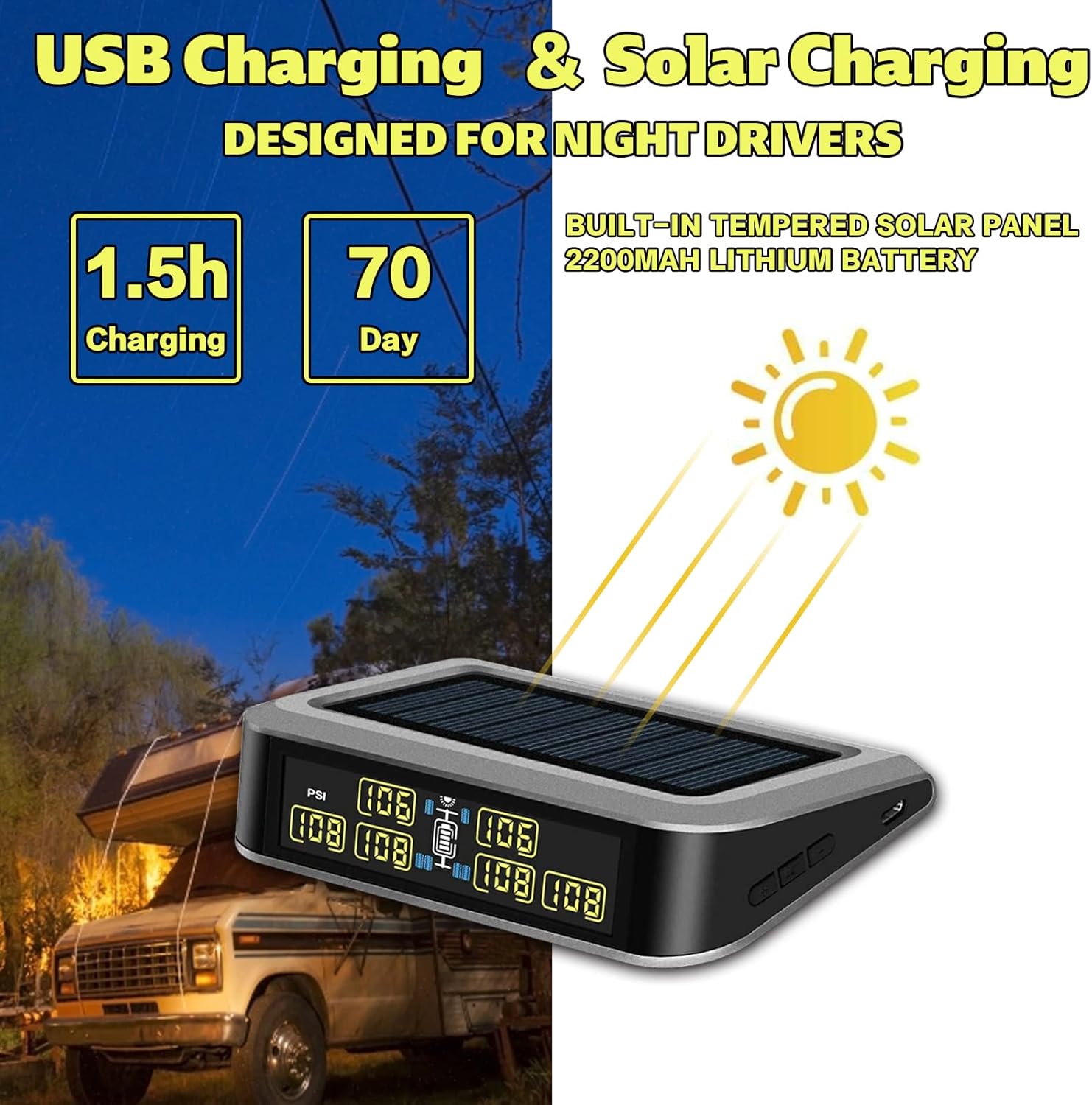 Easesuper Rv Tire Pressure Monitoring System with 6 Sensor(0-199 Psi),Solar TPMS for Rv Trailer,7 Alarm Modes & Tire Pressure Real Time Monitoring,Auto Backlight & Sleep & Awake