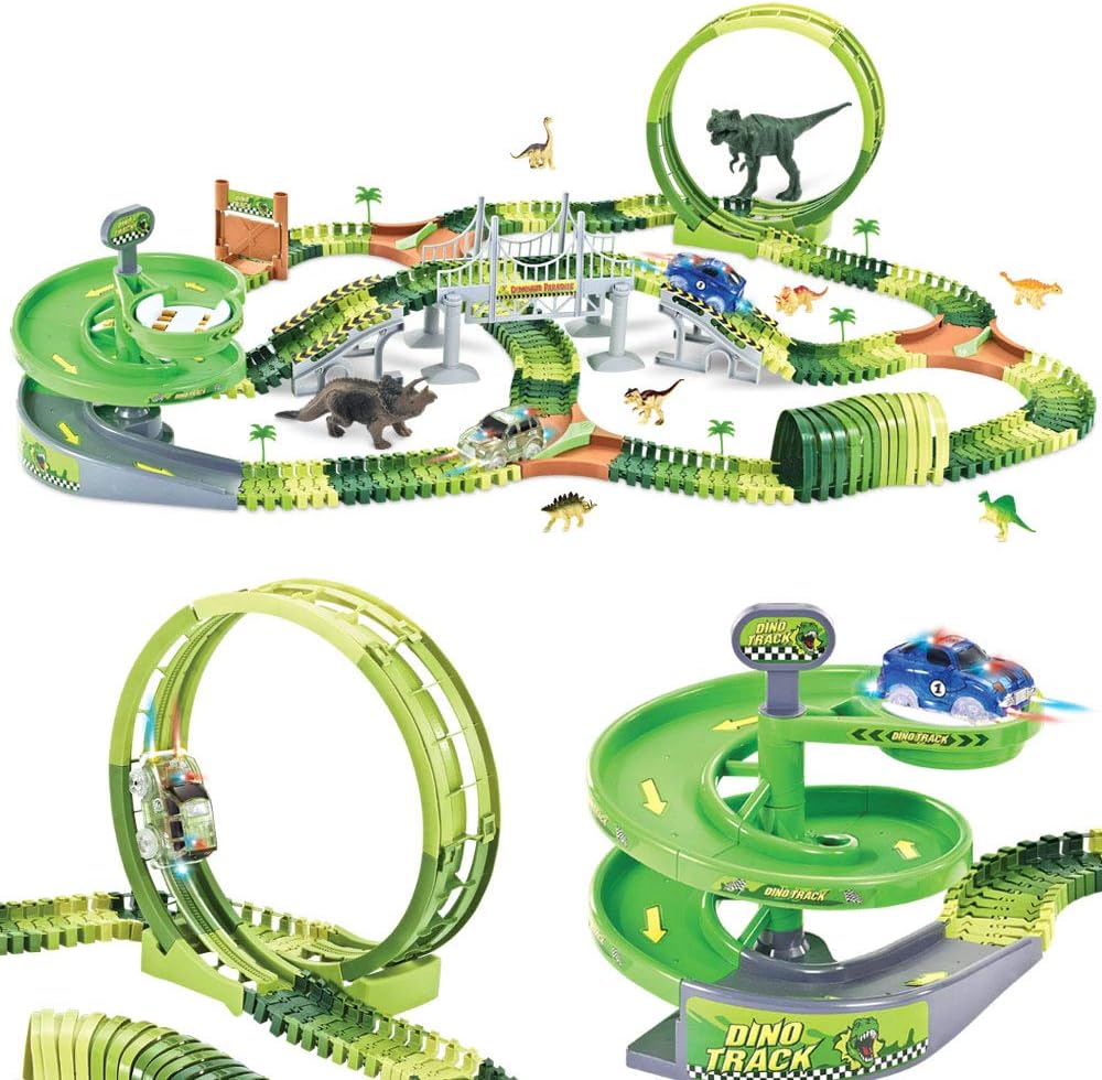 Dinosaur Track Toy Set 280 PCS, Flexible Race Track Playset with 240 Tracks, 2 Race Cars, 1 Ferris Wheel (360 Degree Rotation). 1 Rotary U-Turn Tower, Dinosaur Toy for Kids Boys Girls Ages 3-12