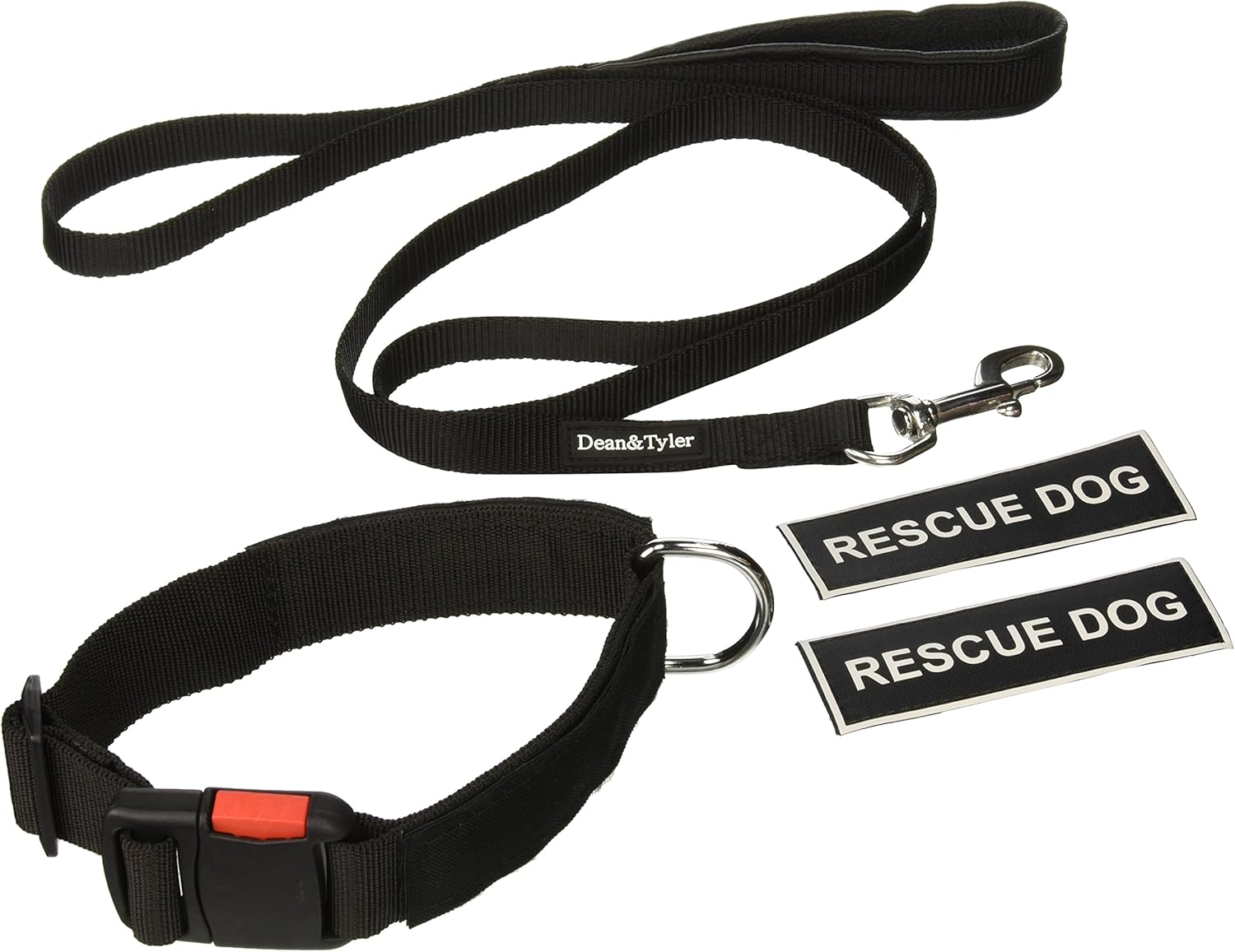 Dean & Tyler Rescue Dog 18 by 21-Inch Patch Collar with 6-Feet Stainless Steel Snap Padded Puppy Leash, Small, Black