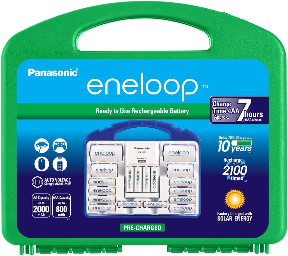 Panasonic K-KJ17MC124A eneloop Super Power Pack 12AA, 4AAA, 2 C Adapters, 2 D Adapters, “Advanced” Individual Battery Charger and Plastic Storage, (Case Color May Vary) Pack of 2