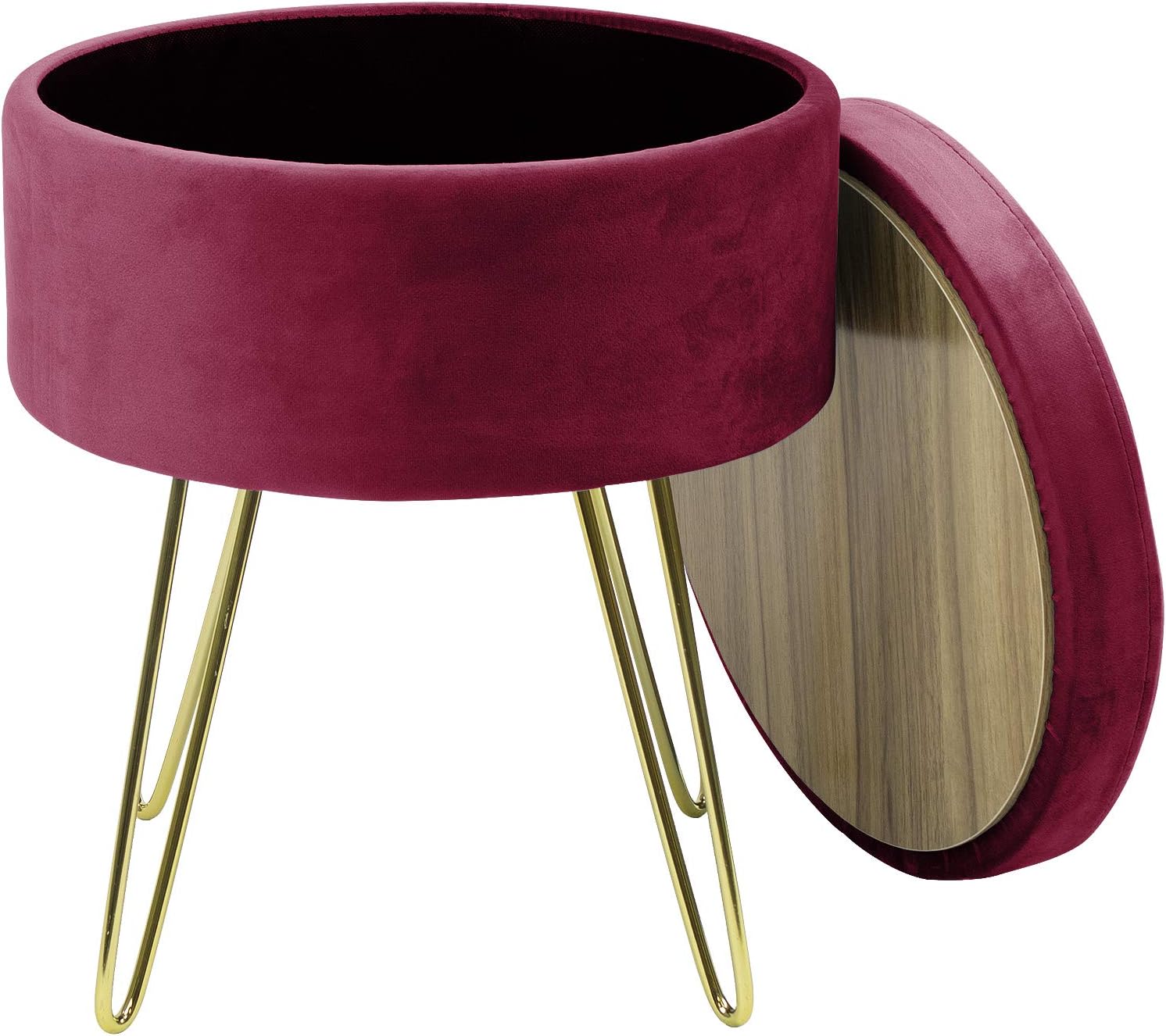 Sorbus Velvet Footrest Stool, Round Mid-Century Modern Luxe Velvet Ottoman, Footstool Side Table, Removable Seat Lid, Gold Leg Design (Gold Legs - Red Magenta) Pack of 2
