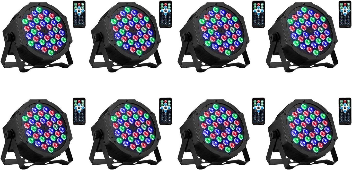 AOELLIT 36 LED RGB Stage Lights Sound Activated DJ Lights Compatible with DMX-512 Uplights for Wedding Events Show Party with Remote 8 Pack (36)