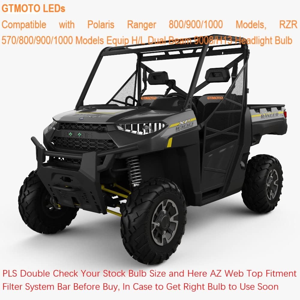 GTMOTO for Polaris Ranger 800/900/1000 XP Headlights, RZR 570/900/1000 Headlight Bulb 4012279, Indy 500/Scrambler 850/Brutus/General 1000 Headlights, 6000K Cool White LED Conversion Kit, 2-Pack
