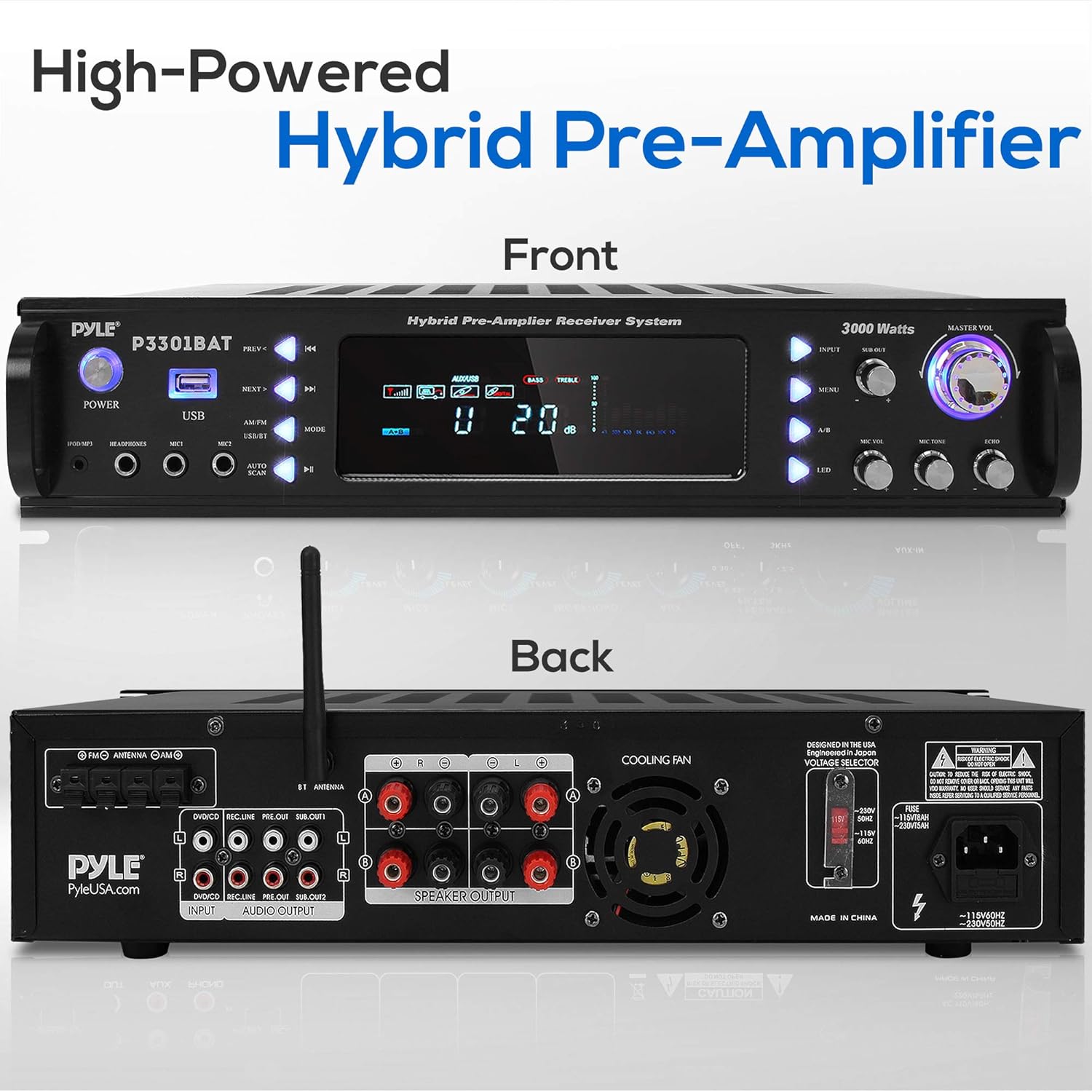 Wireless Bluetooth Home Stereo Amplifier - Hybrid Multi-Channel 3000 Watt Power Amplifier Home Audio Receiver System w/AM/FM Radio, MP3/USB,AUX,RCA Karaoke Mic in - Rack Mount, Remote - Pyle P3301BAT