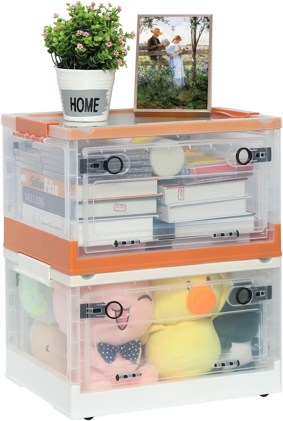 X-Cosrack 2 Pack Clear Plastic Storage Bins with Lid, Stackable Organization Cube Box with Wheel and Doors for Cloth Toys Books Bottles White Oragne