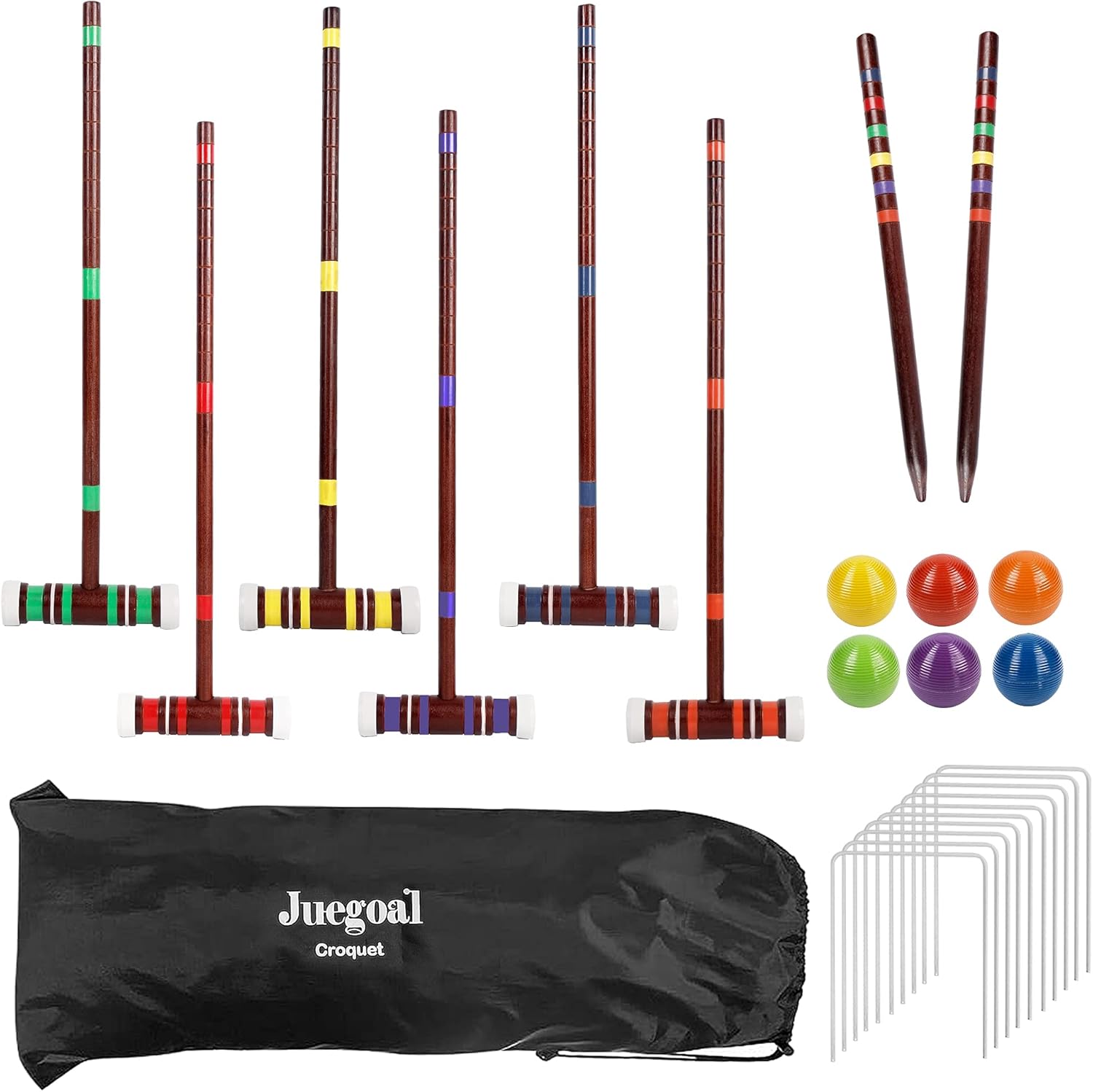 Juegoal Six Player Croquet Set with Wooden Mallets Colored Balls for Lawn, Backyard and Park, 28 Inch