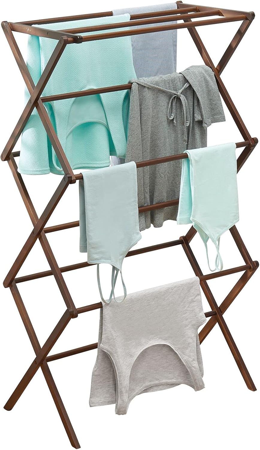 mDesign Tall Vertical Bamboo Foldable Laundry Drying Rack - Compact, Portable and Collapsible for Storage - Large Capacity for Laundry Room - Natural Pack of 2