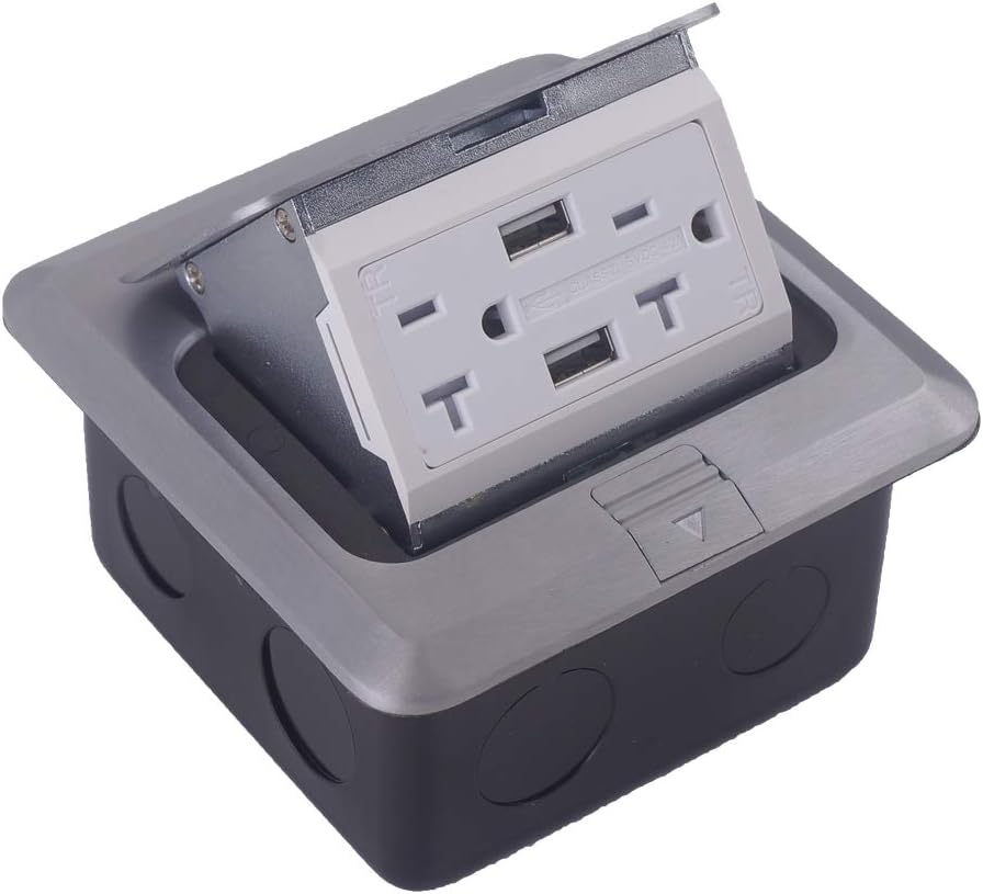 Groto Pop Up Floor Outlet Covers box, Pop-Up Power Box Kit w/20A Duplex Receptacle and 2 USB Charging Ports, Watertight Gasket, Corrosive Resistant Hardware, Silver Pack of 2