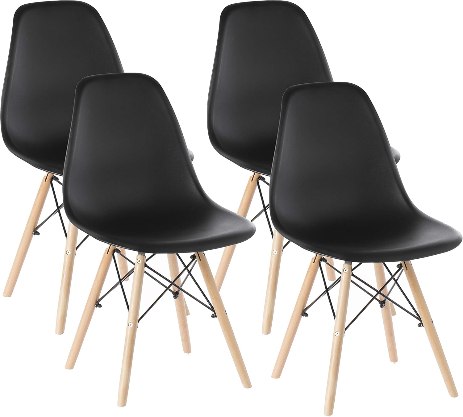 Fabulaxe Mid-Century Modern Style Plastic DSW Shell Dining Chair with Solid Beech Wooden Dowel Eiffel Legs, Set of 4 Black