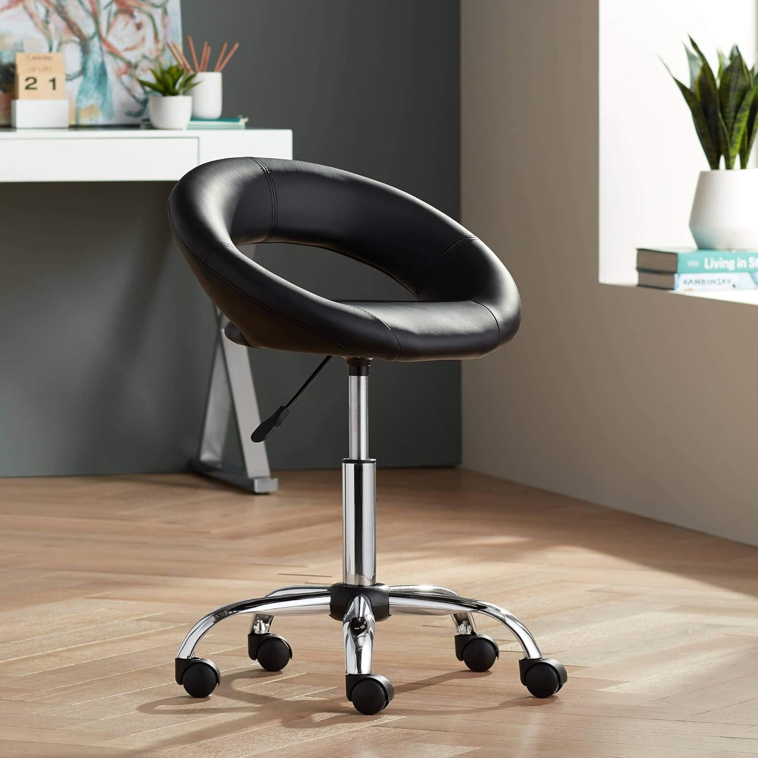 Orbit Black Faux Leather Adjustable Rolling Office Stool - Studio 55D