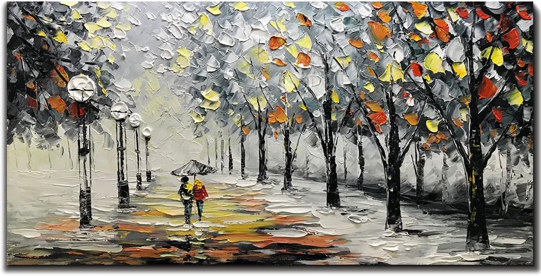 Yotree Paintings, 24x48 Inch Paintings Snowy Night Rainy Road Oil Hand Painting Painting 3D Hand-Painted On Canvas Abstract Artwork Art Wood Inside Framed Hanging Wall Decoration Abstract Painting