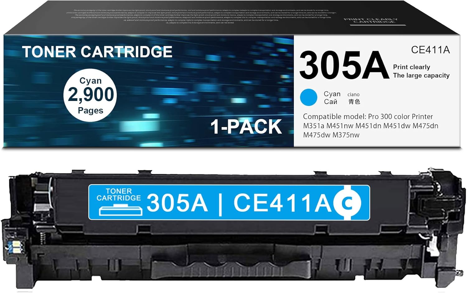1 Pack 305A CE411A Cyan Toner Cartridge Compatible for HP M451dn M451nw M375nw M451dw M351a M475dn M475dw Printer Toner-Sold by DIOUSAINK. Pack of 2