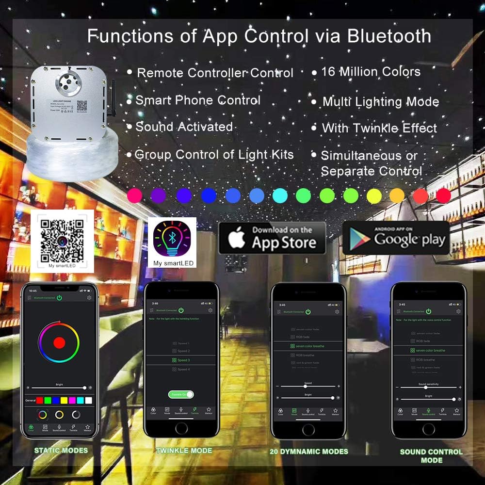 AKEPO Car Home Use 32W RGBW Twinkle+ Sound Activated+ APP Fiber Optic Lights Kit Star Ceiling Sky Light with Total 800pcs in 13.1ft/4m + 9.8ft/3m Long Optical Fiber Cable for Indoor or Interior Decor