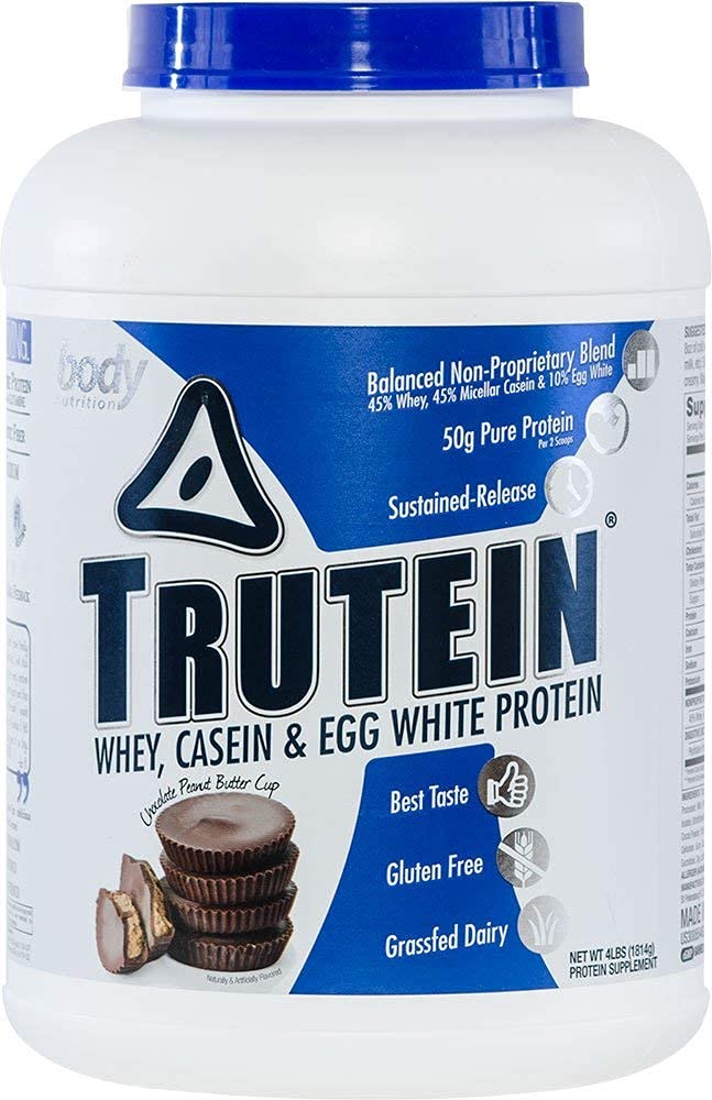 Body Nutrition Protein Powder - Trutein Chocolate Peanut Butter 4lb Whey, Casein & Egg White - Natural Low Carb Keto Friendly Drink - Zero Sugar - Lean Muscle Builder, Weight Loss, Workout, Recovery Pack of 2
