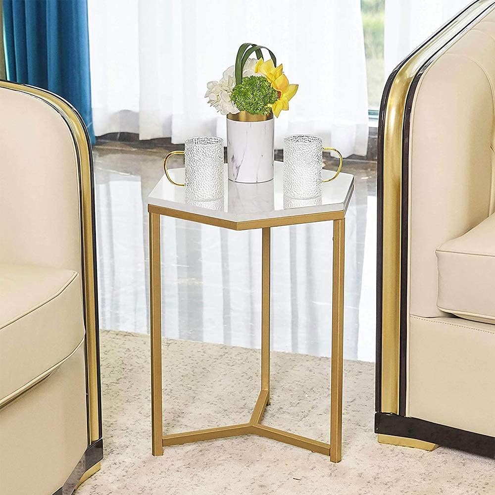 Hexagon Gold Accent Side End Table with Faux Marble Top for Living Room, White Nightstand for Home Office Small Space, 16''D x 20