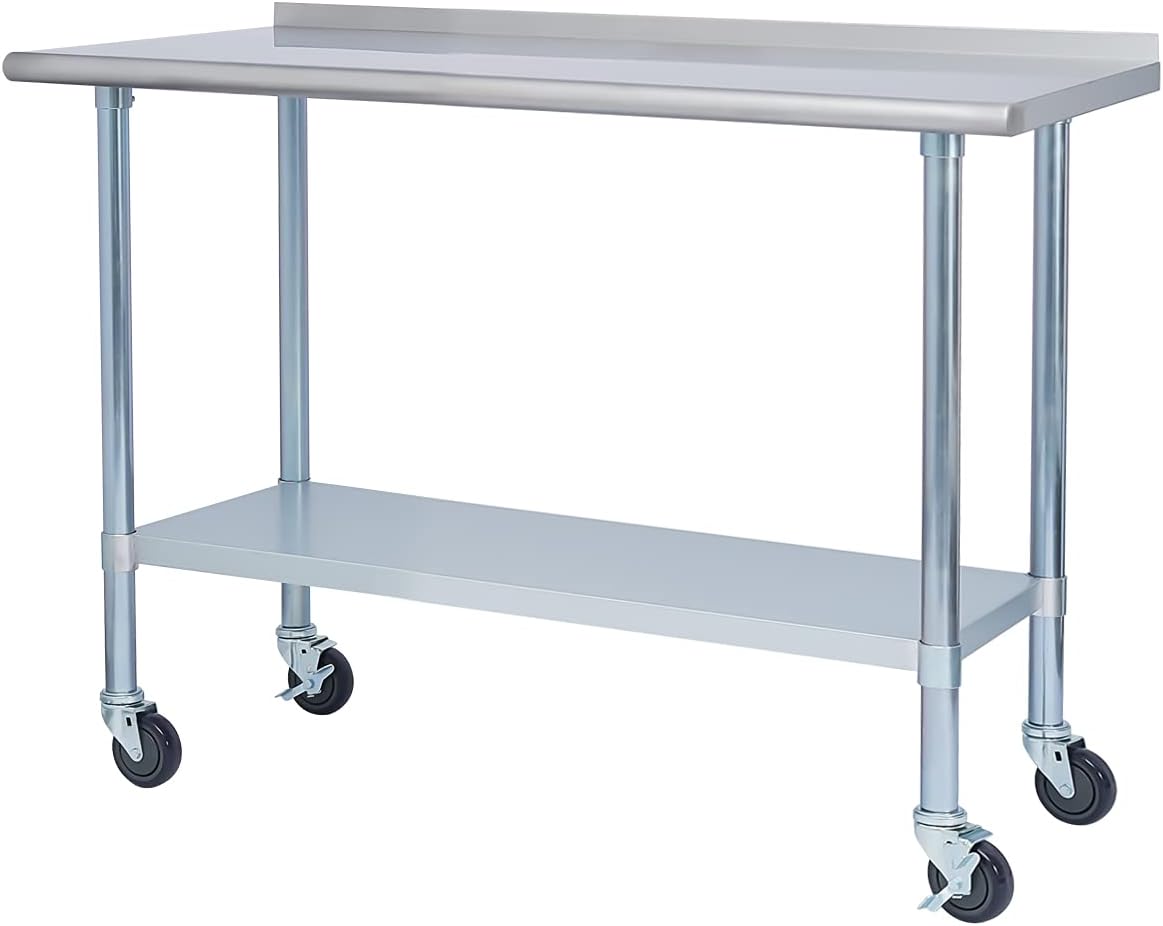 EASE-WAY Stainless Steel Metal Table NSF for Commercial Kitchen Prep & Work, 24 x 48 Inches Worktable with Backsplash, Adjustable Shelf and Caster Wheel, for Industrial Restaurant, Home and Garage