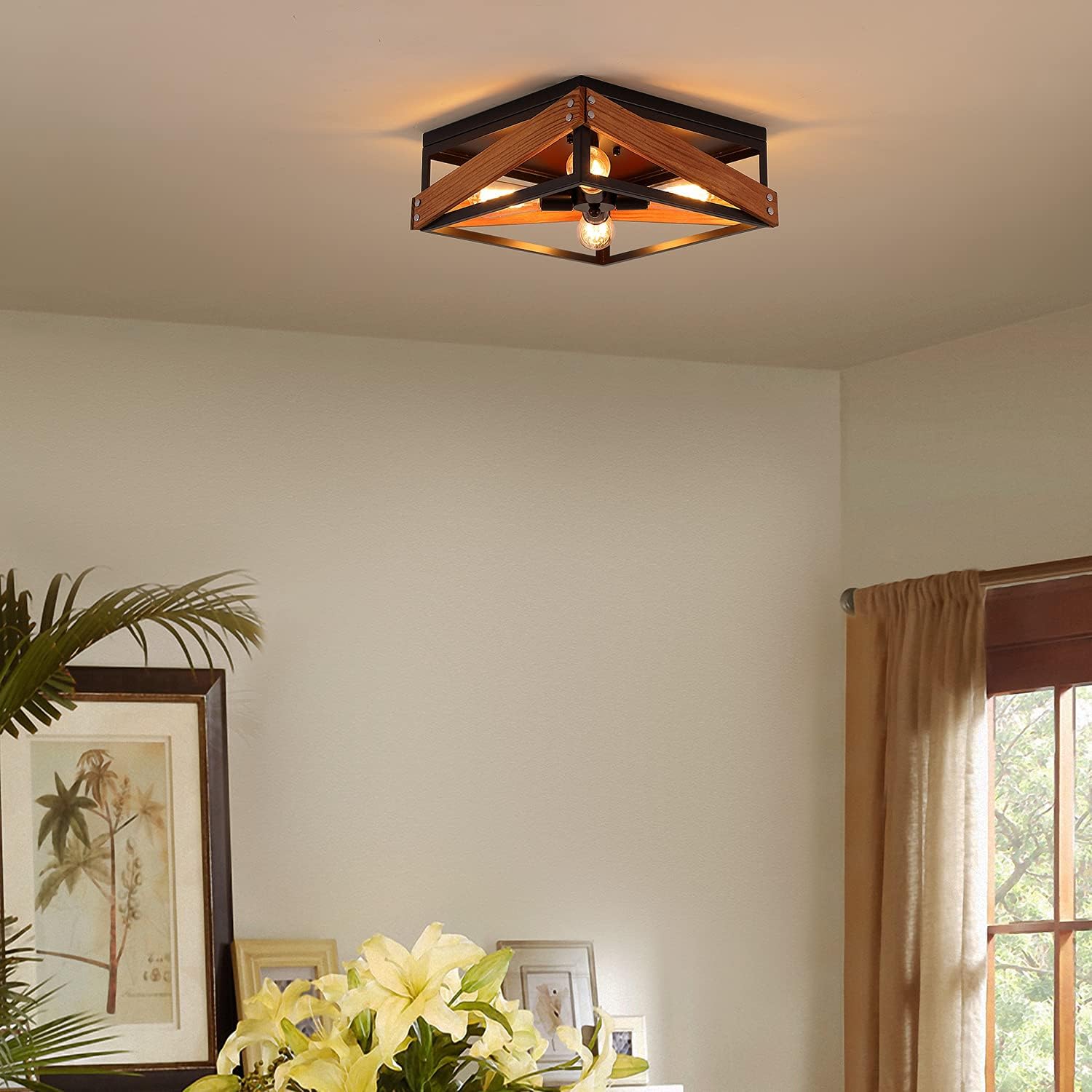 4-Light Rustic Industrial Flush Mount Light Fixture Metal and Wood Square Flush Mount Ceiling Light for Hallway Living Room Bedroom Kitchen Entryway Farmhouse, Black