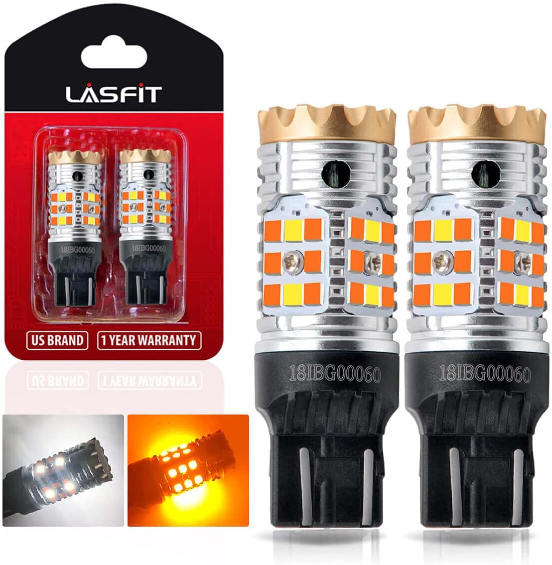 LASFIT Canbus Ready 7443 led bulb 7444 Error Free 7444na Switchback for Front Turn Signal Dual Color Daytime Running(DRL) Parking Light Plug & Play ONLY for Standard Socket Amber/White (2 Pack)