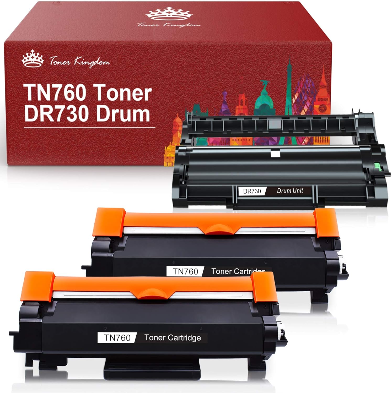 Toner Kingdom Compatible Toner Cartridges and Drum Replacement for Brother TN-760 TN-730 DR-730 DR-760 TN730 TN760 to Use with Brother HL-L2350DW HL-L12370DWXL HL-L2390DW (2 Black Toners, 1 Drum Unit) Pack of 2