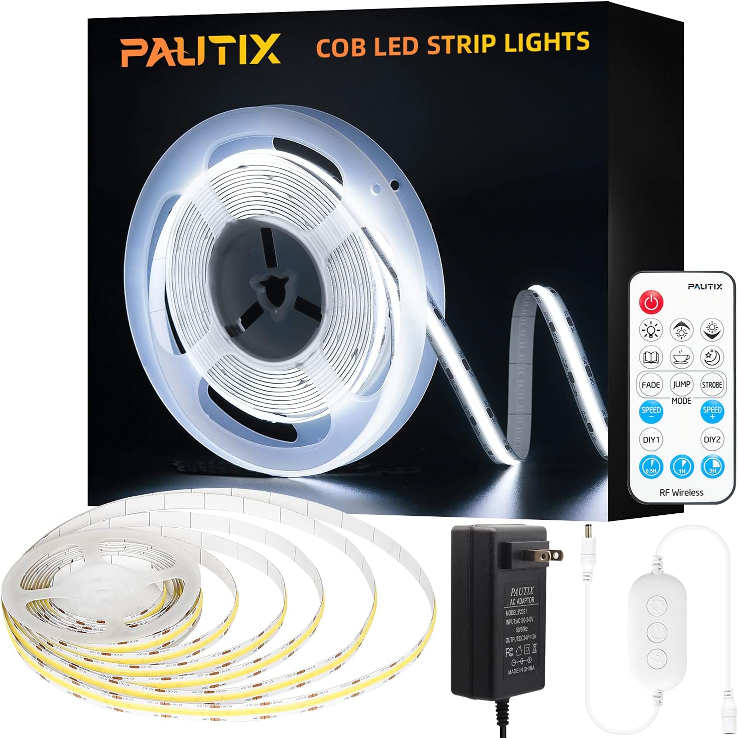 COB LED Strip Lights 24ft,PAUTIX Daylight White 6500K Dimmable LED Light Strip CRI85+,Super Bright 24V LED Tape Lights with 3M Self-Adhesive for Bedroom,Home,Kitchen DIY,UL-Listed Power Supply Pack of 2